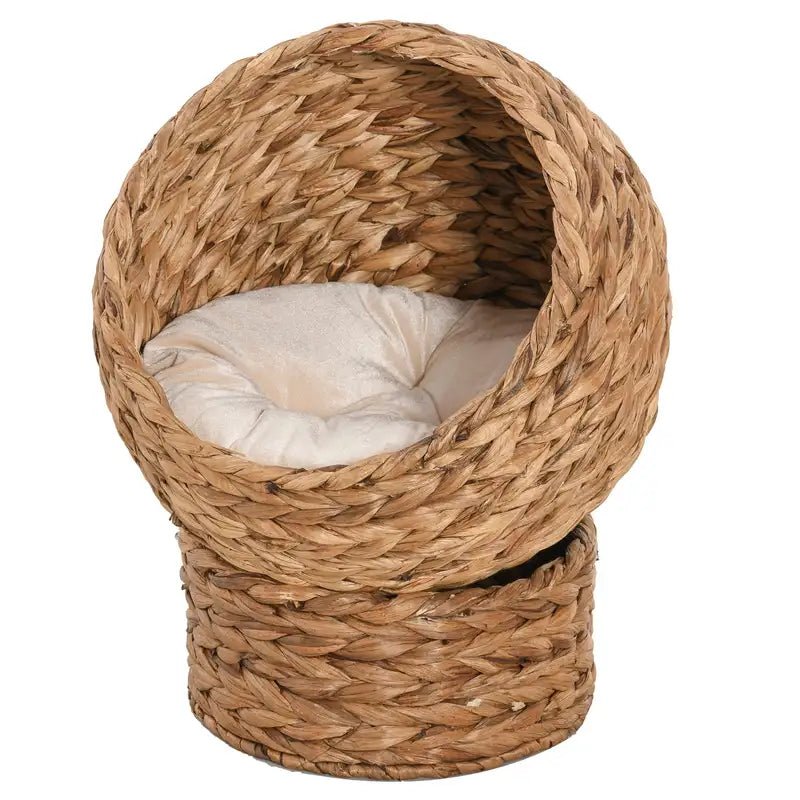 Elevated Cat Bed with Cushion - Handwoven Wicker Cat House, 23.5"H, Brown