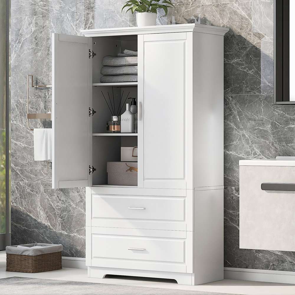 White Tall Bathroom Storage Cabinet with Adjustable Shelves & Drawers
