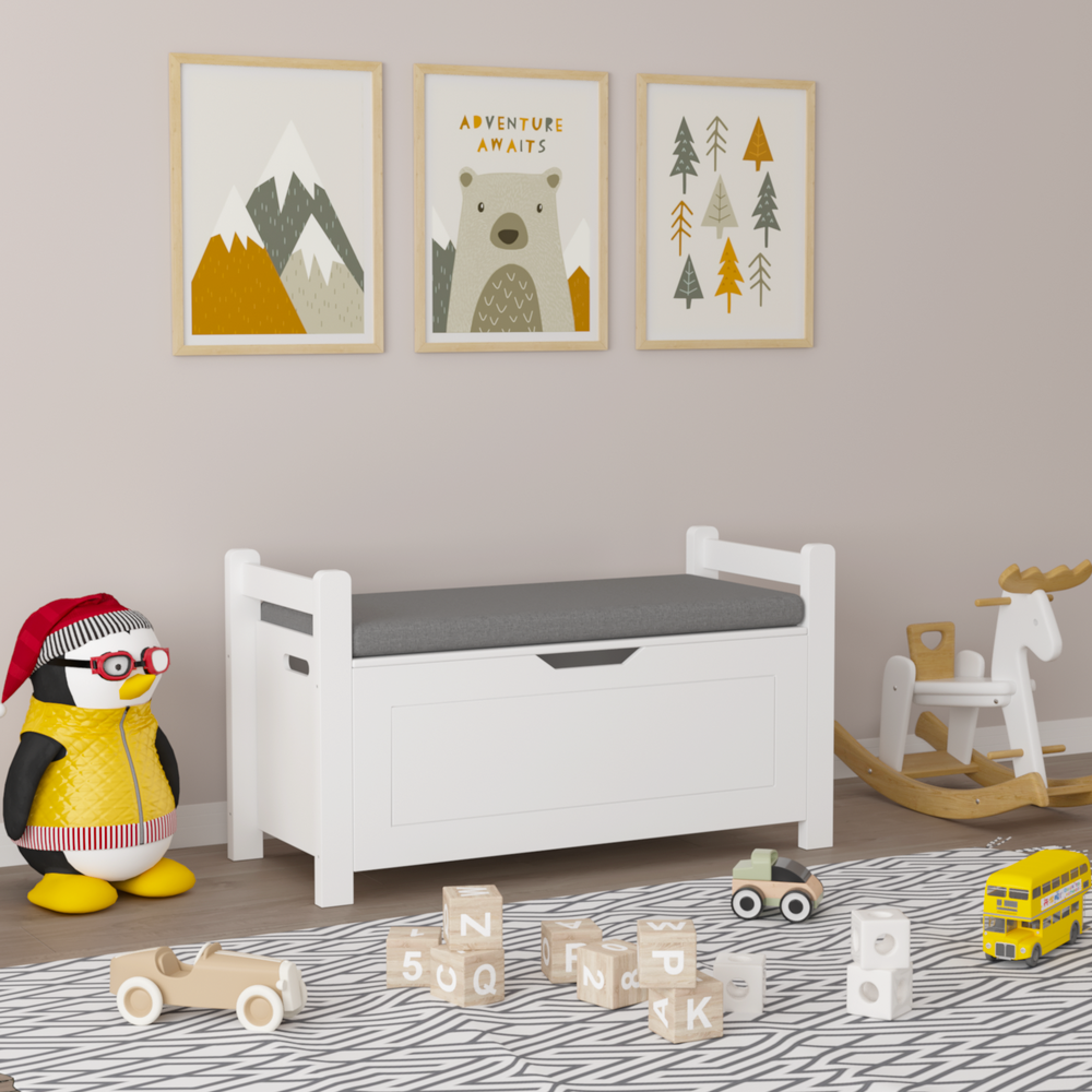 Kids Toy Chest - White Storage Bin with Lid & Cushion Seat