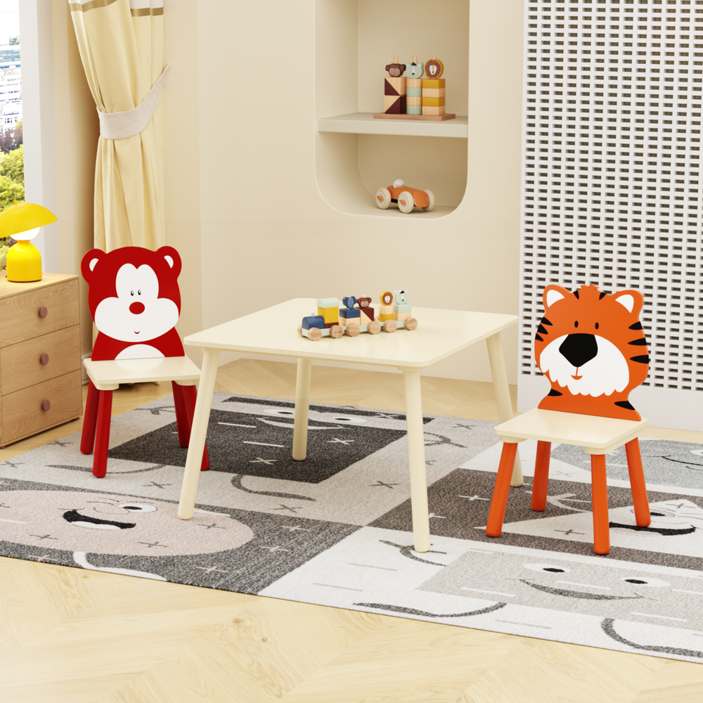 Kids Wooden Activity Table & 2 Chairs Set - Toddler Play Table (Bear&Tiger)