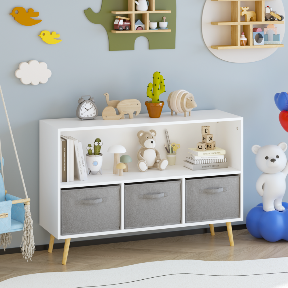 Kids Bookcase with Fabric Drawers - Toy Storage Organizer - White/Gray
