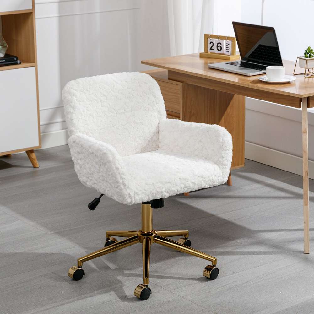 Beige Rabbit Hair Office Chair - Adjustable Swivel Desk Chair with Golden Base