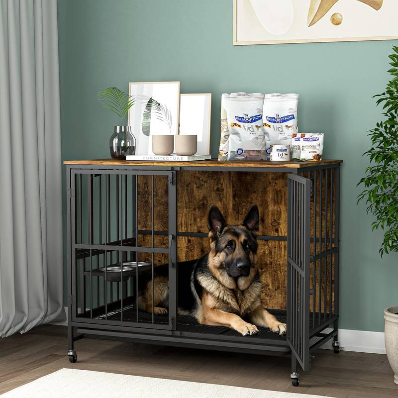 Modern Dog Crate Furniture: 80lb Capacity, Double Door, Removable Tray, Adjustable Bowls (Brown)
