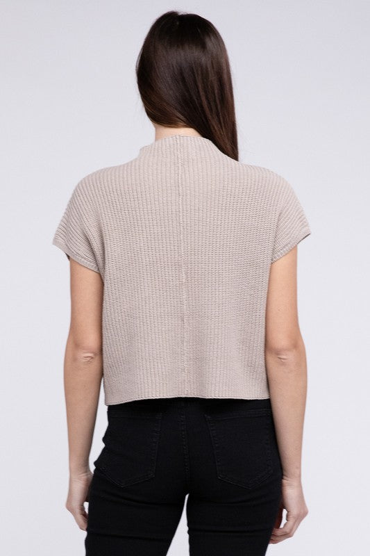 Mock Neck Short Sleeve Cropped Sweater for Women - Stylish Knit Top - Minihomy