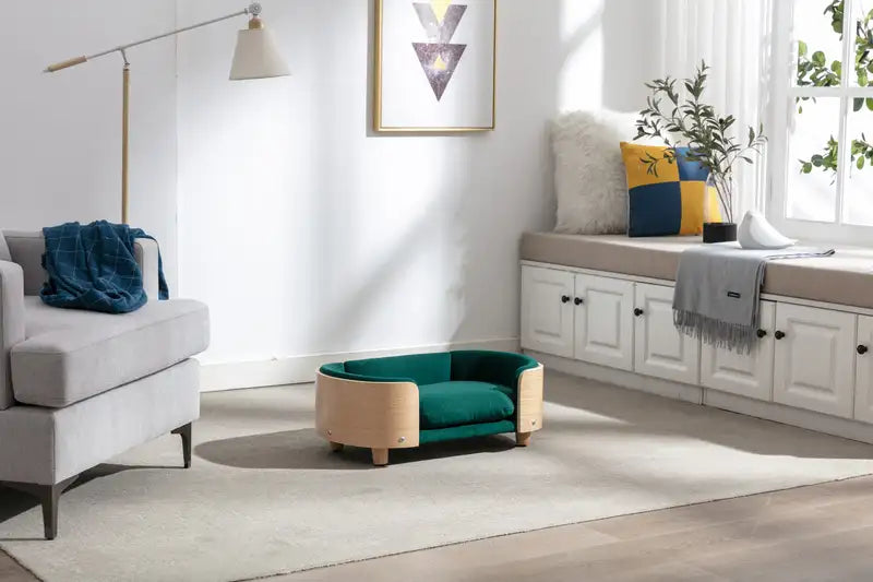 Elevated Dog Bed - Scandinavian Style Pet Sofa, Oak Wood & Velvet
