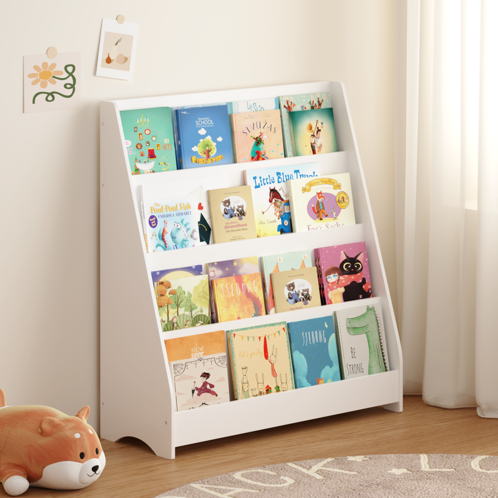 Kids Bookshelf 4-Tier - White Book Display Shelf for Bedroom, Playroom & Classroom