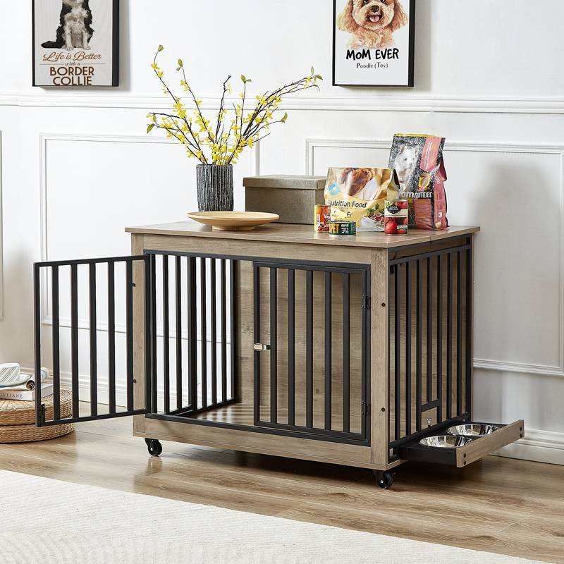 Grey Wooden Dog Crate End Table with Feeding Bowls & Wheels