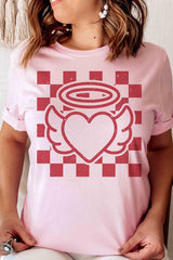 Plus Size - Checkered Angel Heart Graphic T-Shirt - Minihomy