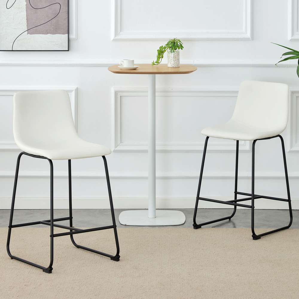 White Modern Bar Stool - Minimalist PU Leather Kitchen Counter Stool (17.7"H)