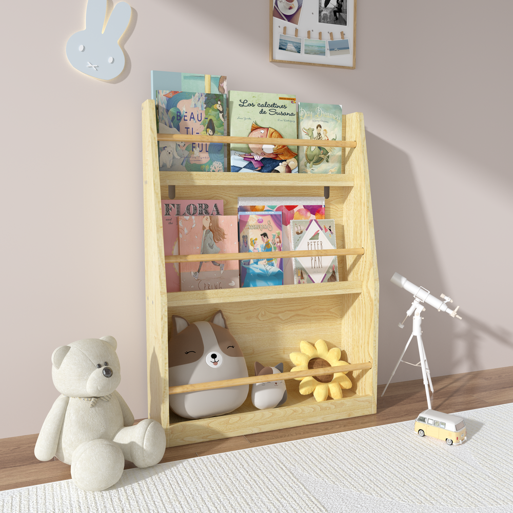 Kids 3-Tier Book Shelf Organizer - Natural Wood - Bedroom, Playroom, Classroom