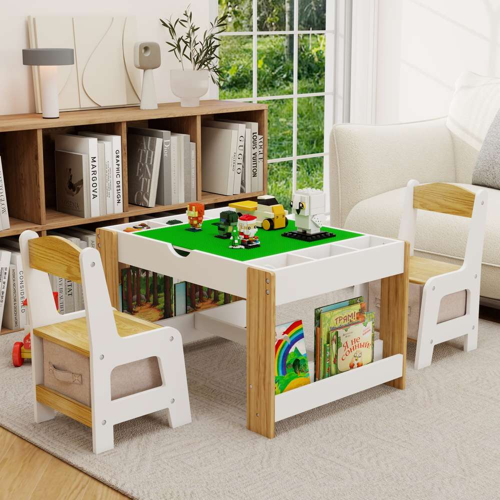 Kids 2-in-1 Play Table & Chairs Set w/ Storage - LEGO Compatible