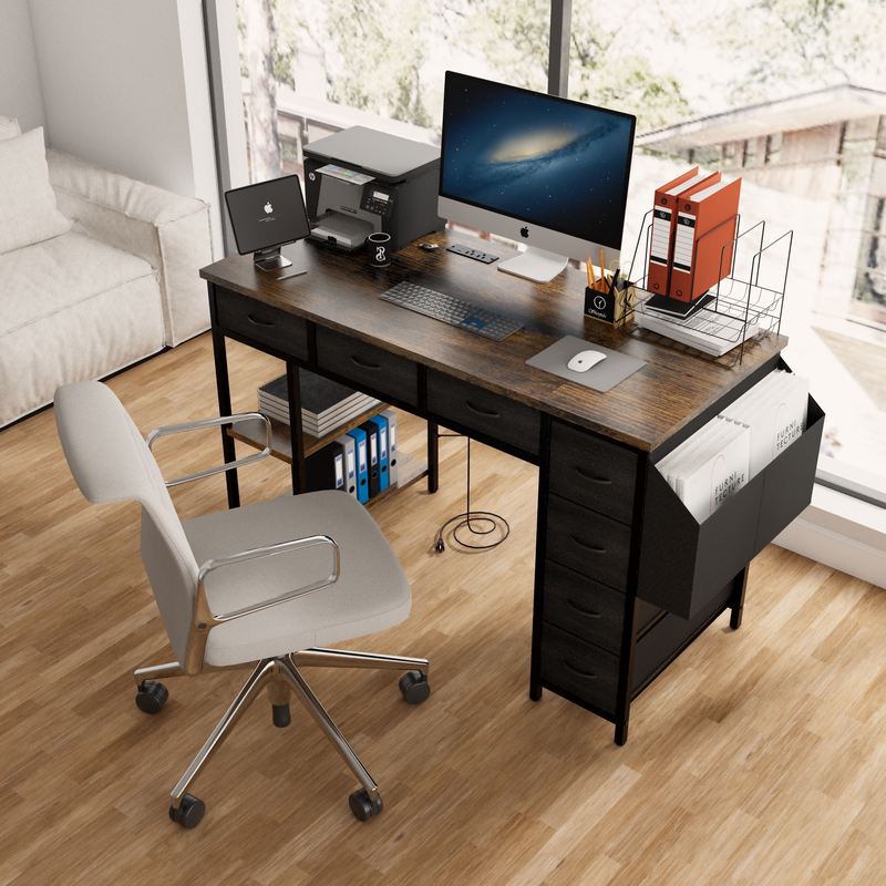 Rustic Brown 47" Computer Desk with 7 Drawers & Power Outlet