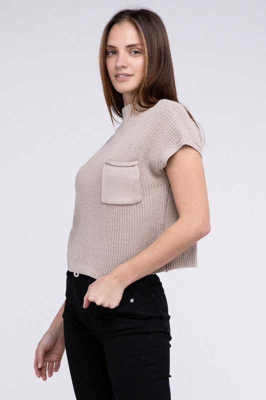 Mock Neck Short Sleeve Cropped Sweater for Women - Stylish Knit Top - Minihomy