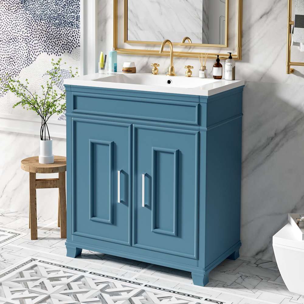 30" Blue Freestanding Bathroom Vanity with Ceramic Sink & Storage