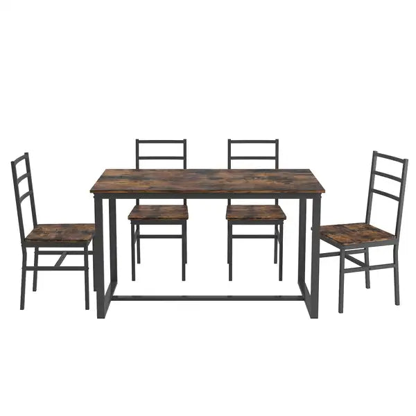 Industrial 5-Piece Dining Set with Backrest - Solid Steel Table and Chairs - Minihomy