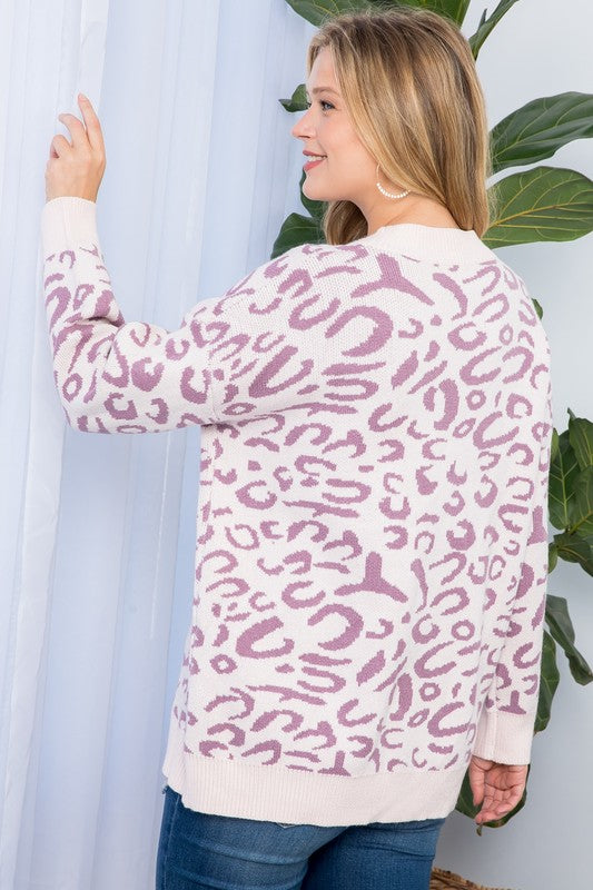 Leopard Print Pullover Sweater - Drop Shoulder, Loose Fit, Long Sleeves, Round Neck - Minihomy