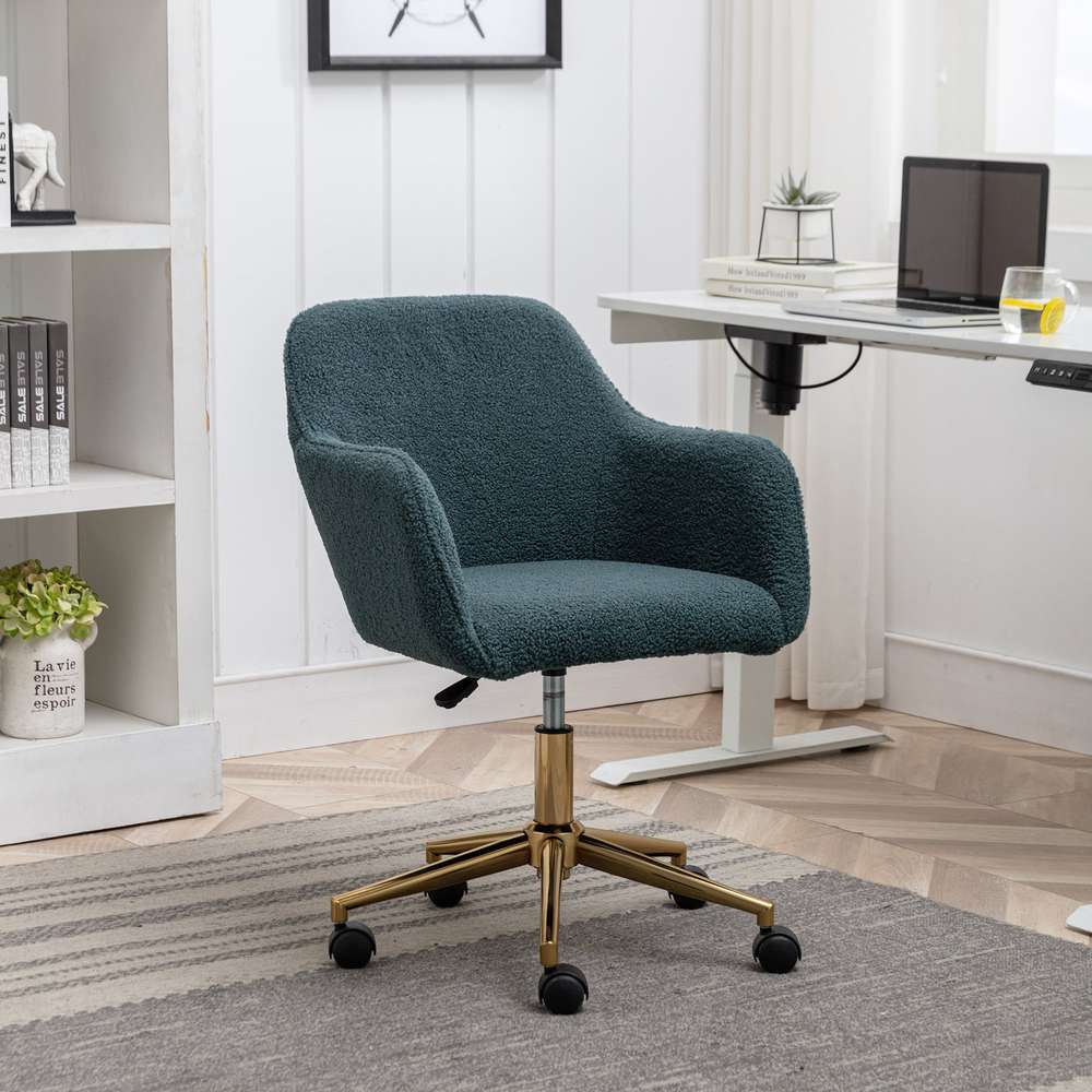 Adjustable Height Office Chair - Green Velvet, 360 Swivel, Gold Legs