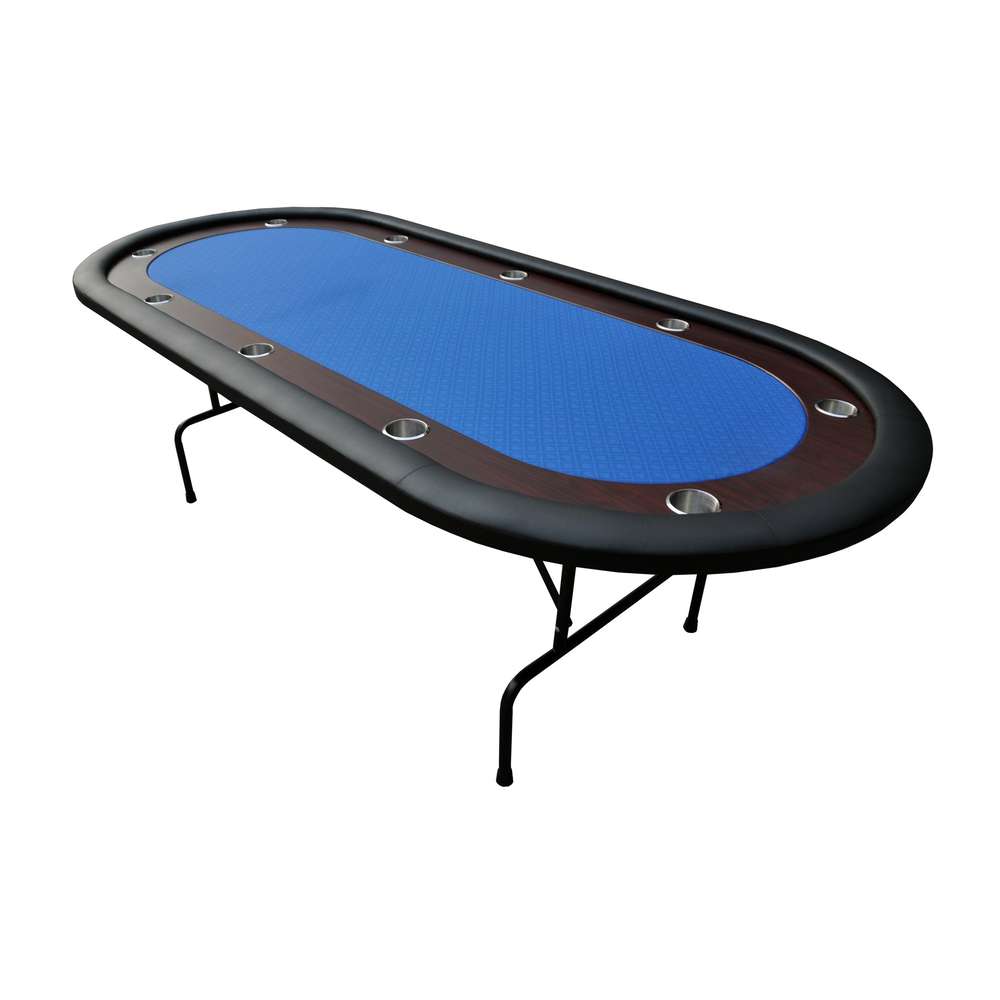Foldable Poker Table - 96" Blue Felt, Wooden Racetrack, Stainless Steel Legs