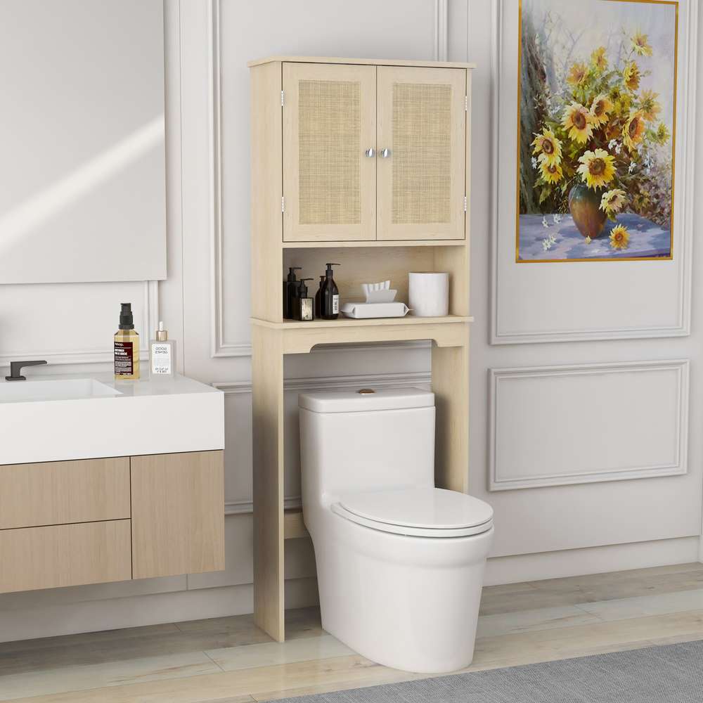 Over-Toilet Bathroom Storage Cabinet with Rattan Doors & Adjustable Shelves