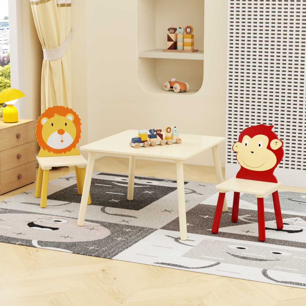 Kids Wooden Activity Table & 2 Chairs Set (Lion & Monkey)