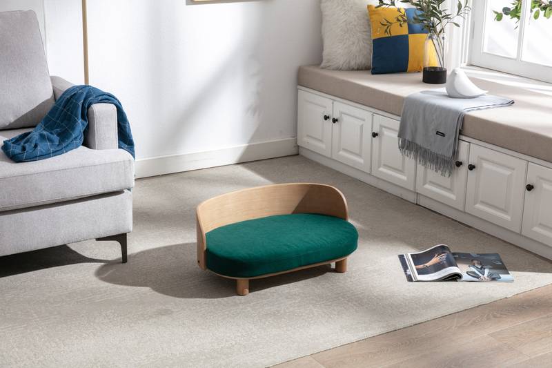 Elevated Dog Bed - Scandinavian Velvet Sofa, Walnut Wood Legs