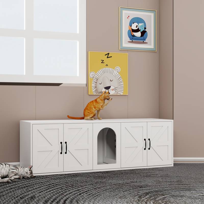 Modern Wooden Cat Litter Box Furniture, Double Entry, White