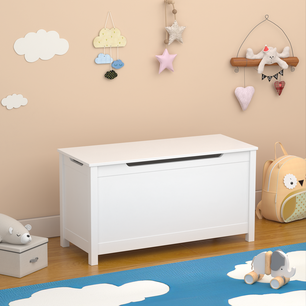 Kids Wooden Toy Box with Safety Hinges - White Storage Chest (Ages 2+)