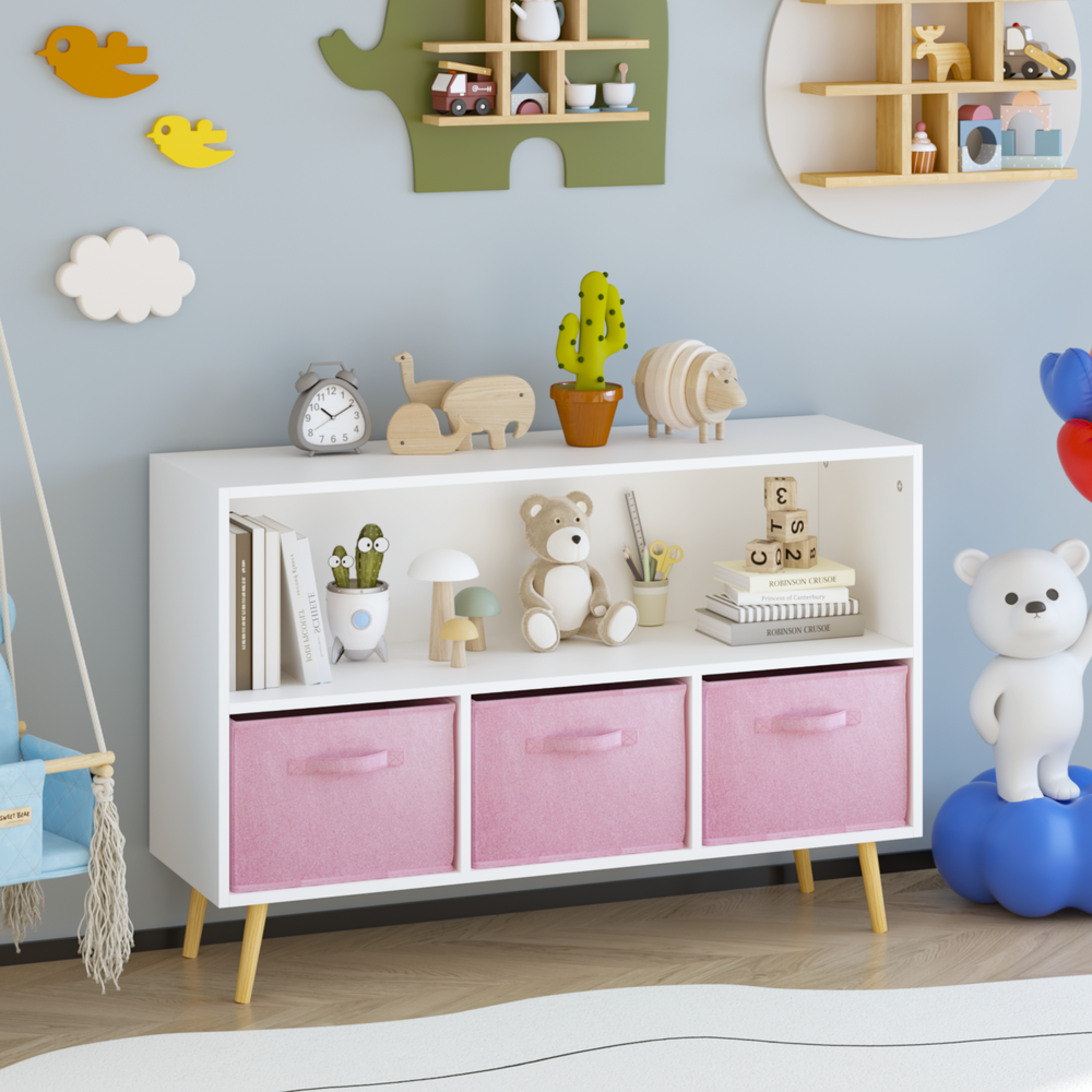 Kids Bookcase with Fabric Drawers - Toy Organizer & Storage, White/Pink