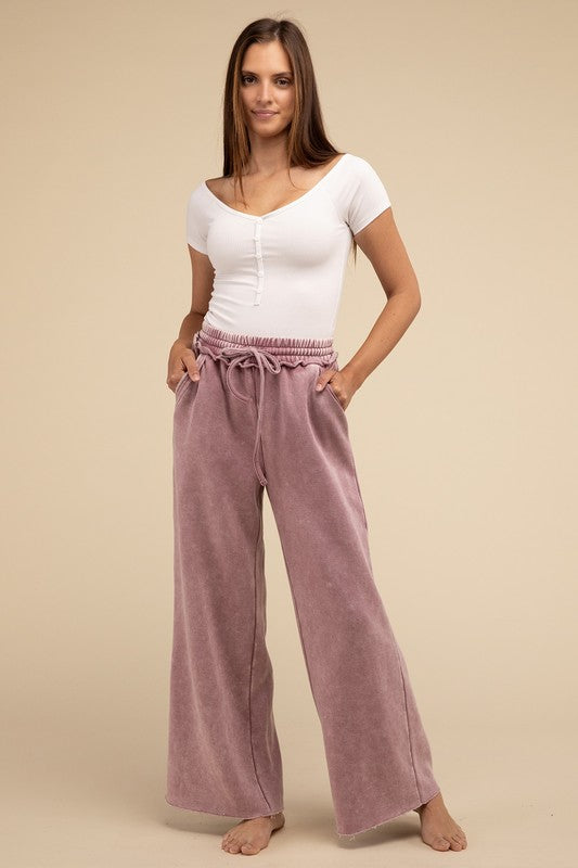 Acid Wash Fleece Palazzo Sweatpants with Pockets - Comfy & Stylish - Minihomy