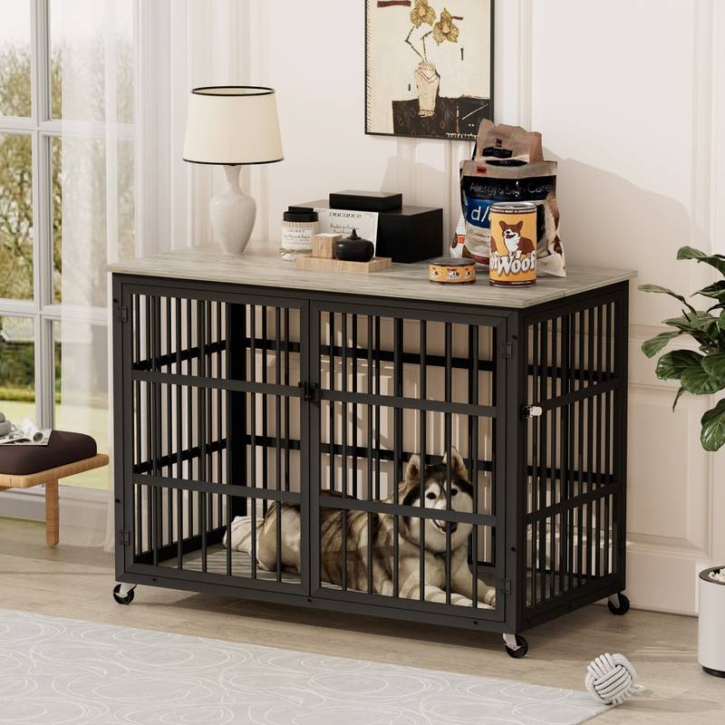 Grey Wrought Iron Dog Crate with Side Door Openings - 43.3"W x 29.9"D x 33.5"H