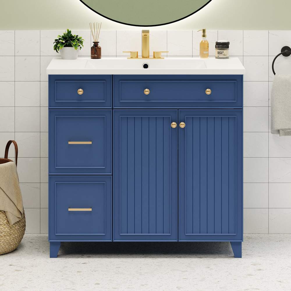 36" Navy Blue Bathroom Vanity with Resin Sink & Soft-Close Doors