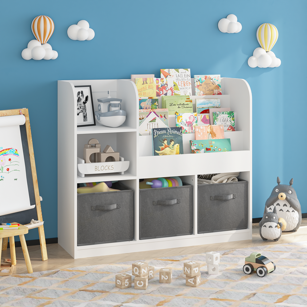 Kids Bookcase with 3 Fabric Drawers - Toy Organizer & Storage Shelf (White/Gray)