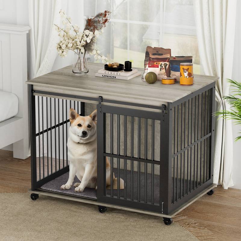 Grey Metal Dog Crate with Sliding Door & Mat (43.7"W x 30"D x 33.7"H)