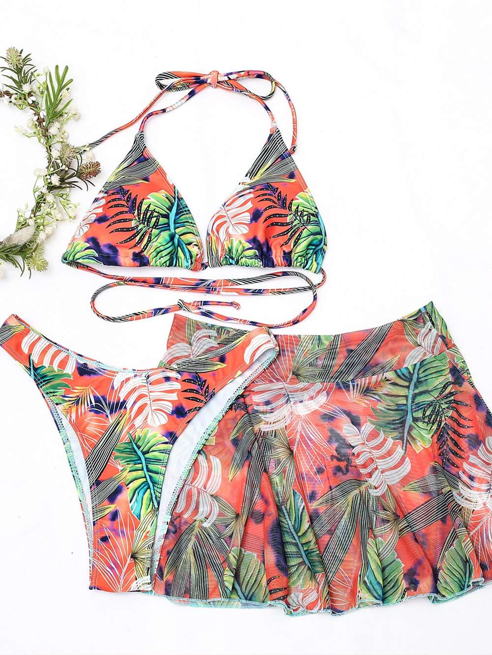 Big Flower Leaf Three Piece Swimsuit Bikini - Minihomy