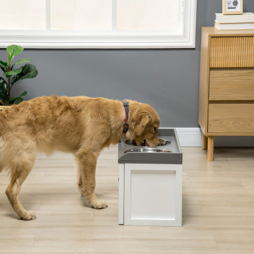 PawHut Elevated Dog Feeder with Storage - White, 2 Bowls