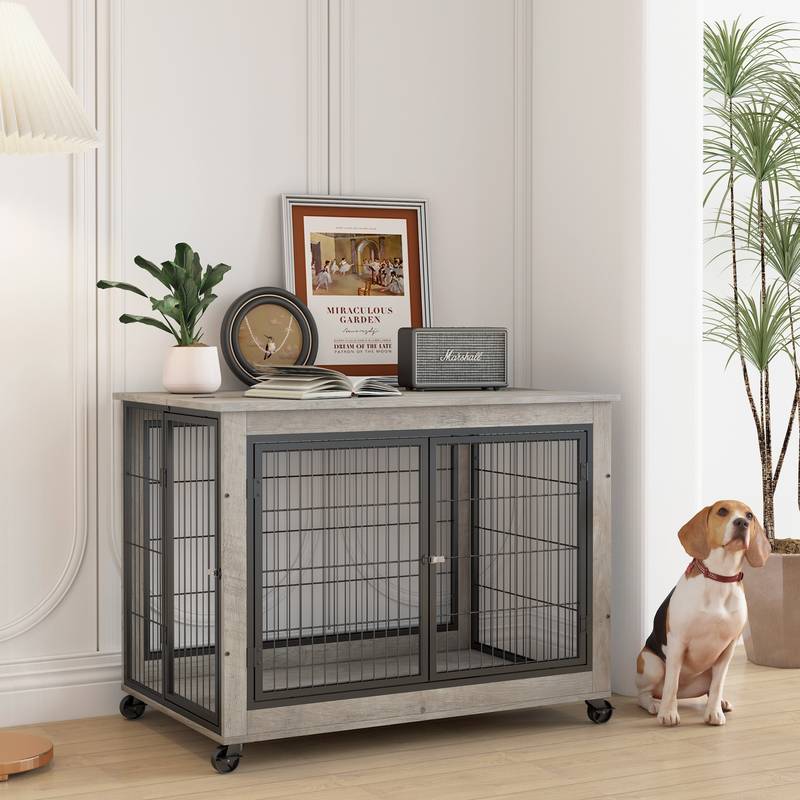 Grey Dog Crate End Table with Wheels, Lift Top & Double Doors - 38.58"W