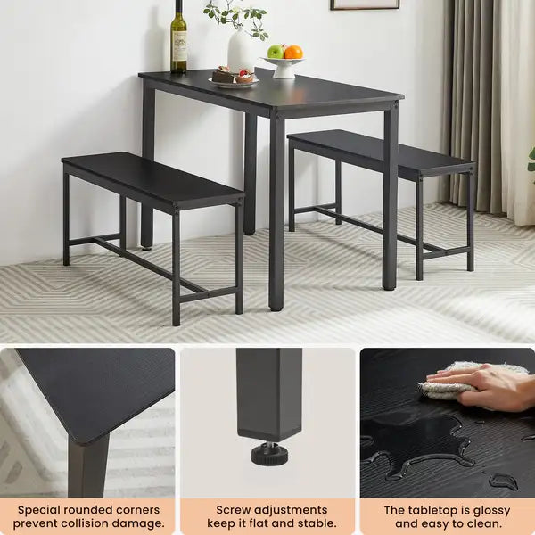 Black Industrial Dining Table Set with 2 Benches - Kitchen, Breakfast, Living Room, Party Room, 43.3"L x 23.6"W x 29.9"H - Minihomy