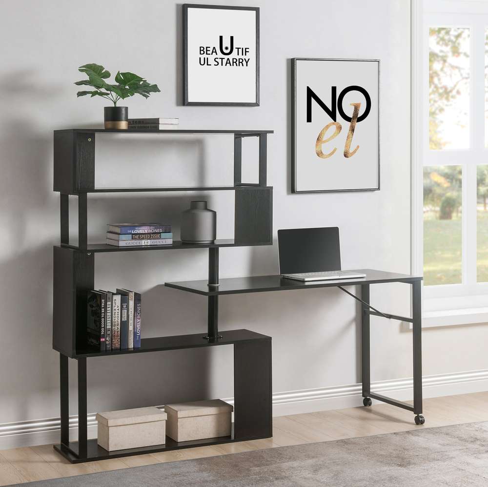 L-Shaped Computer Desk with Bookshelf & Lockable Casters - Black