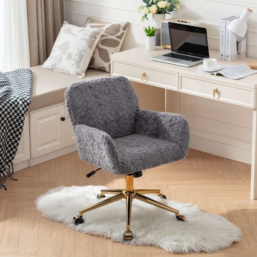 Gray Rabbit Hair Office Chair - Adjustable Swivel Desk Chair with Golden Base