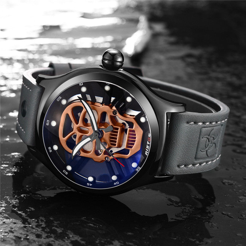 Men's Skeleton Skull Quartz Watch with Genuine Leather Band
