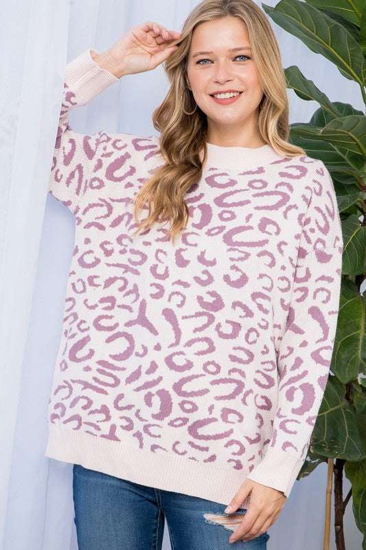 Leopard Print Pullover Sweater - Drop Shoulder, Loose Fit, Long Sleeves, Round Neck - Minihomy