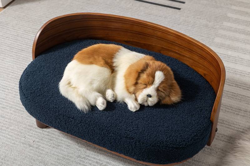 Elevated Dog Bed, Scandinavian Style - Walnut Wood & Dark Blue Cashmere