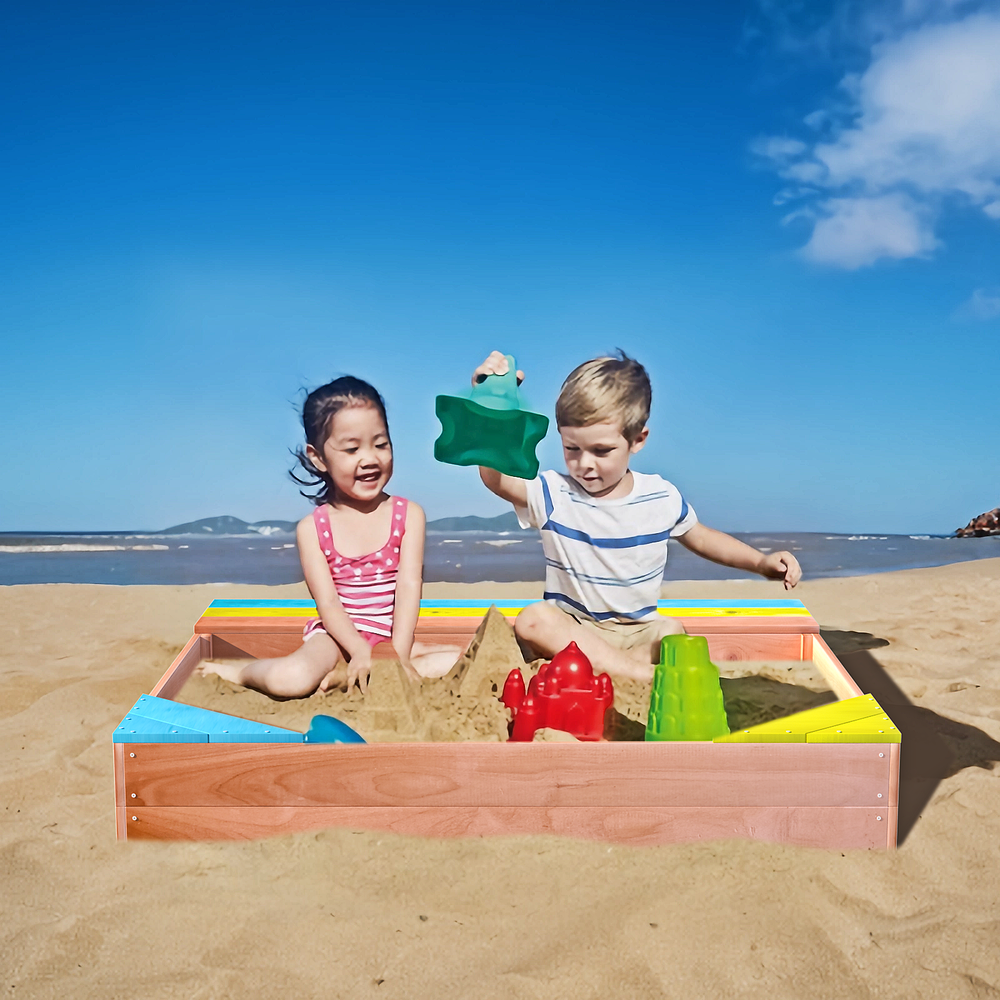 Kids Wooden Sandbox Playset - Outdoor Backyard Sandpit (47.25"L x 47.25"W) - Golden Red