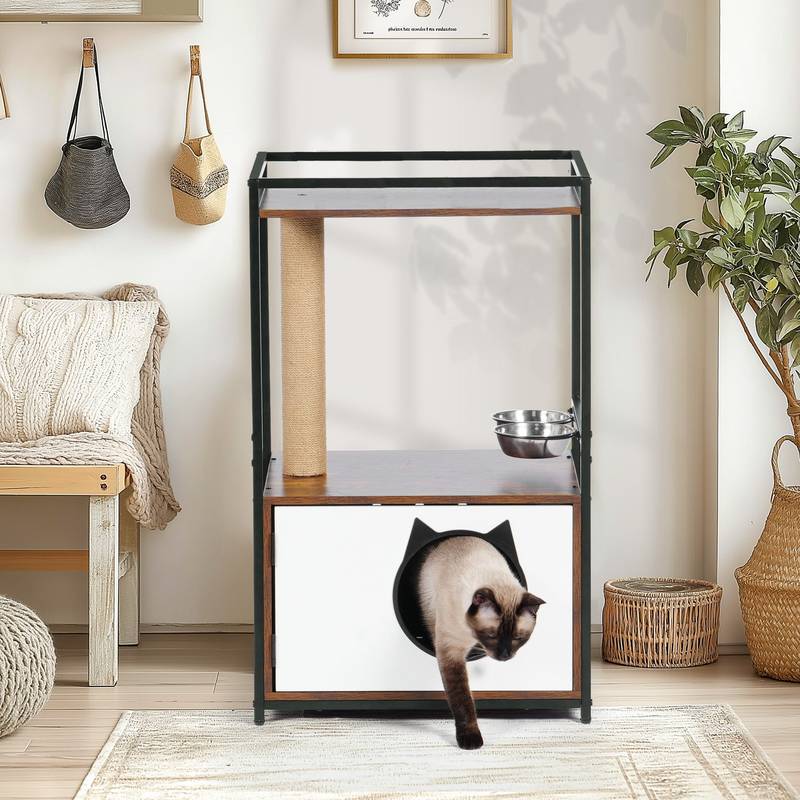 White Cat Tree Condo with Scratching Post & Food Bowl - Small Cat Furniture