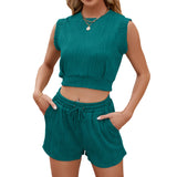 Women's Summer 2-Piece Set - Sleeveless Top and Drawstring Shorts with Wave Pattern Design
