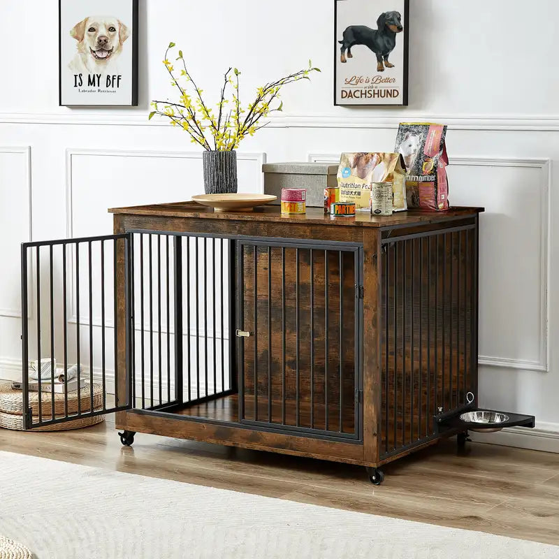 Rustic Brown Dog Crate End Table with Feeder & Wheels - 43.7"W