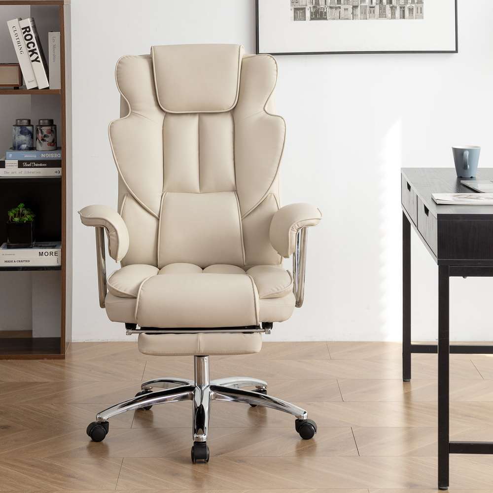 Big & Tall Executive Leather Office Chair with Footrest - Ergonomic High Back (Beige)