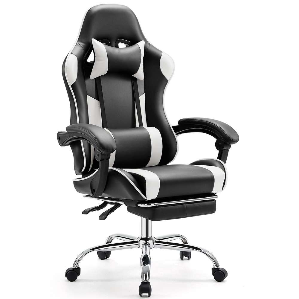 Ergonomic Gaming Chair with Footrest & Lumbar Support - White PU Leather