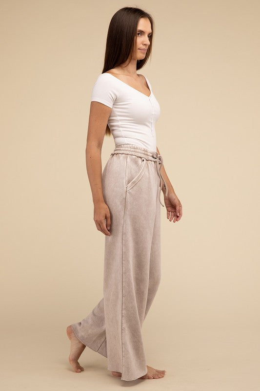 Acid Wash Fleece Palazzo Sweatpants with Pockets - Comfy & Stylish - Minihomy