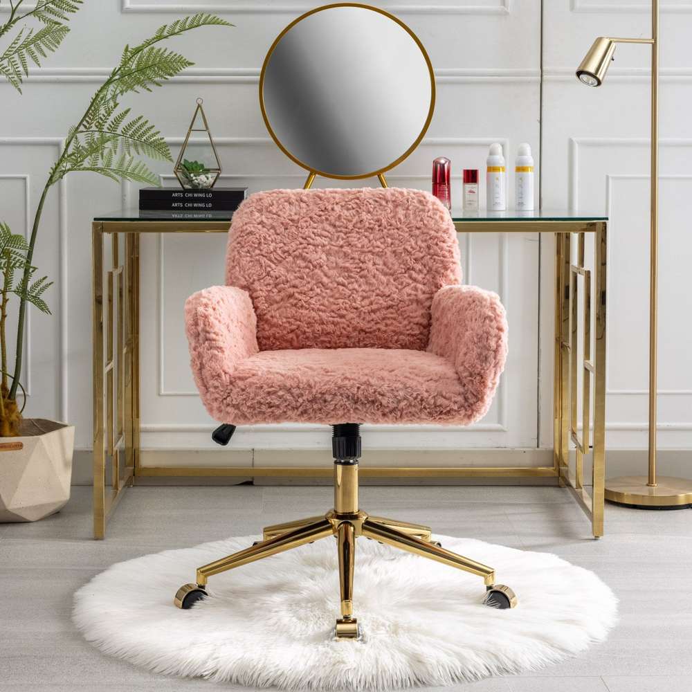 Pink Adjustable Office Chair with Golden Base - Rabbit Hair & Metal